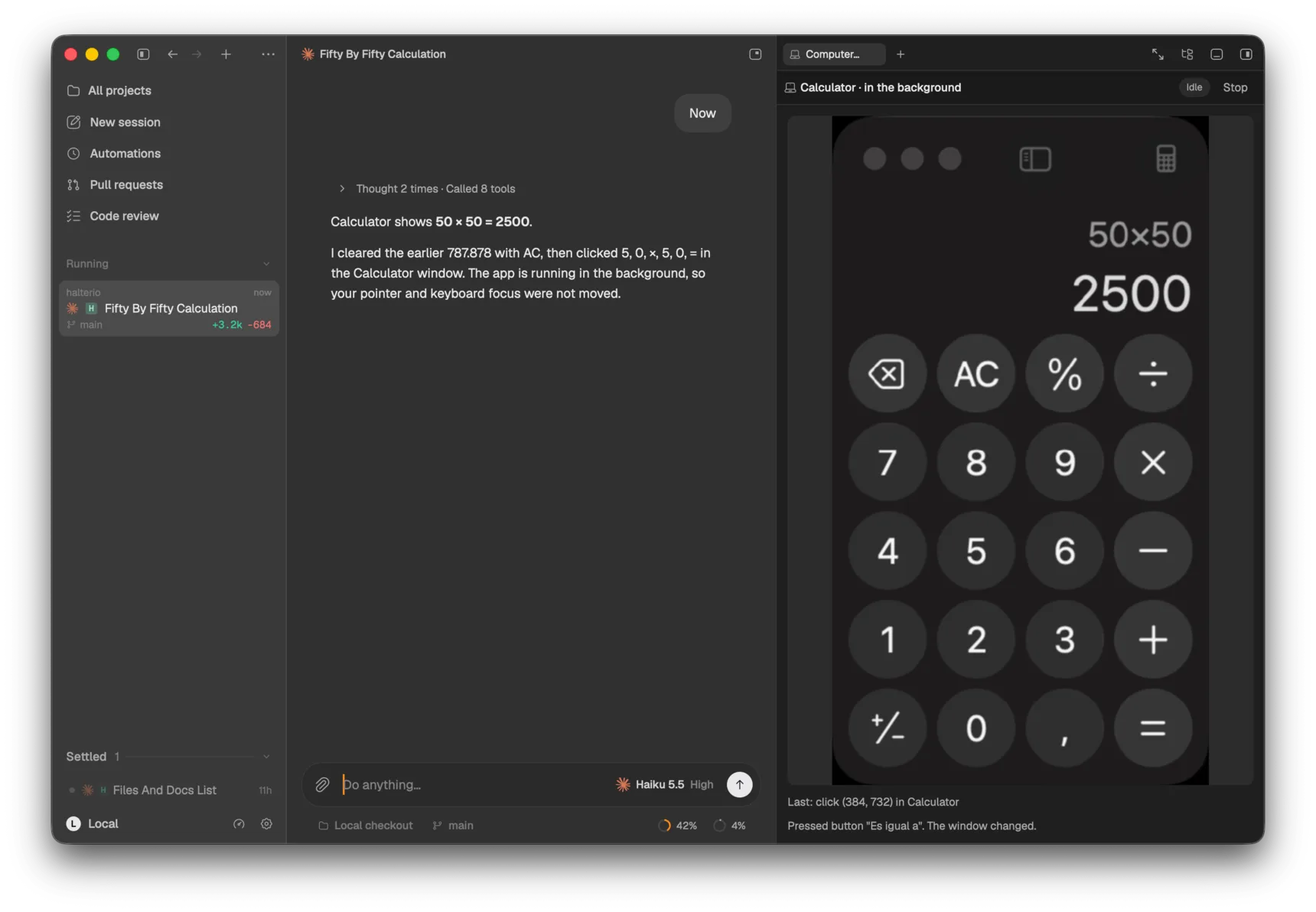 A Halterio thread where the agent worked out 50 × 50 in Calculator, beside the Computer pane: Calculator running in the background showing 2500, and the agent’s last click on the equals button.