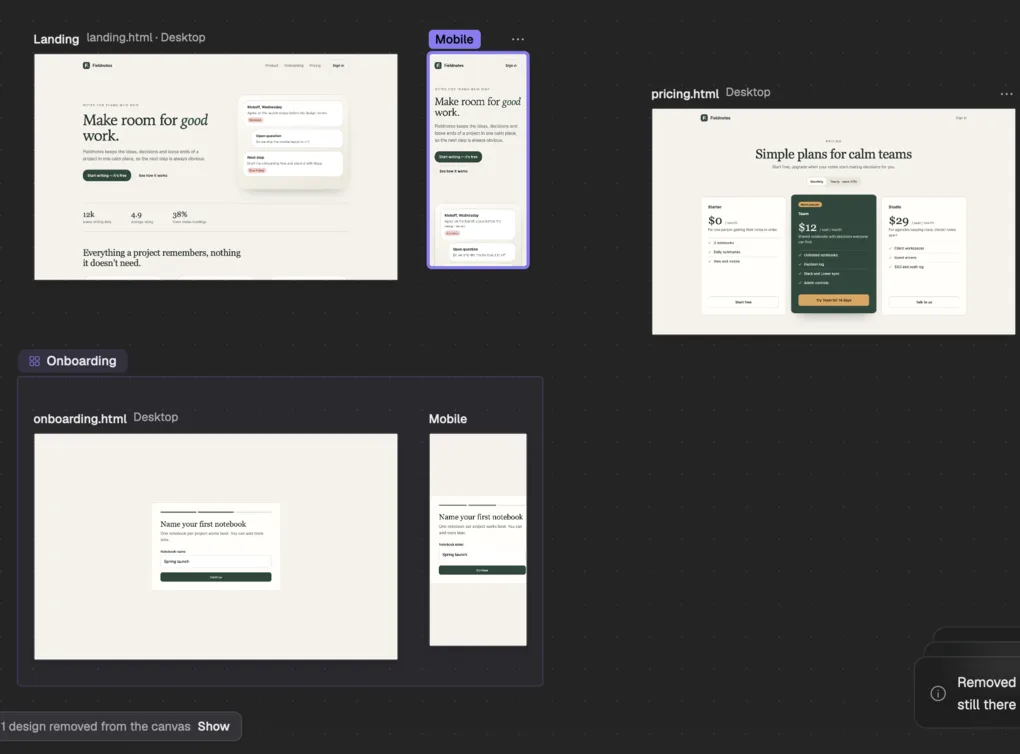 The project canvas: thumbnails of several designs and a mobile variant arranged on an infinite board, with a frame selected.