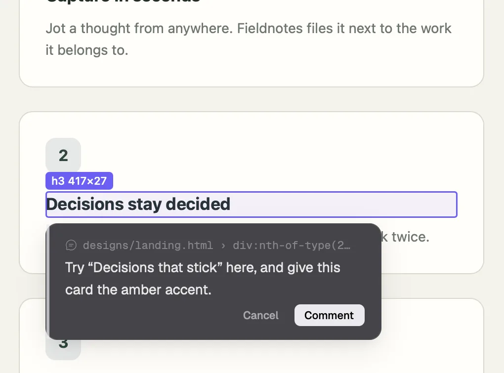 Comment mode in the Design pane: a highlighted element on the design with a comment box, and the staged comment on the composer below the transcript.