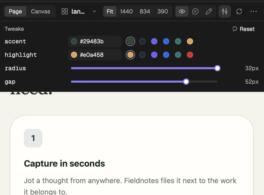 The tweaks strip in the Design pane: sliders for gap, pad, radius-card, radius-bubble, radius-sheet and frame-gap, each with its current pixel value.
