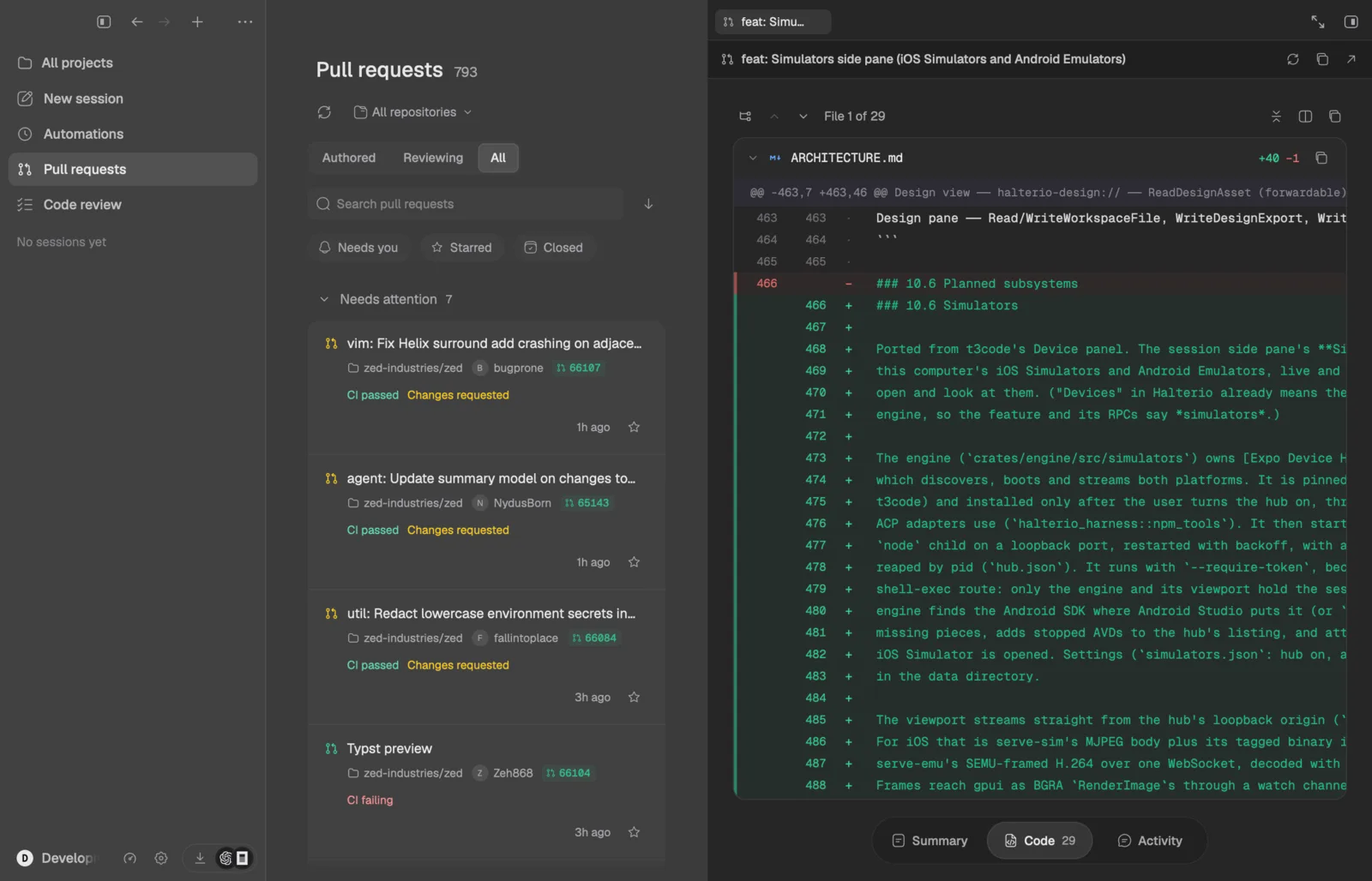 The pull request board listing pull requests for a project, with one open in the side pane showing its description, checks and changed files.