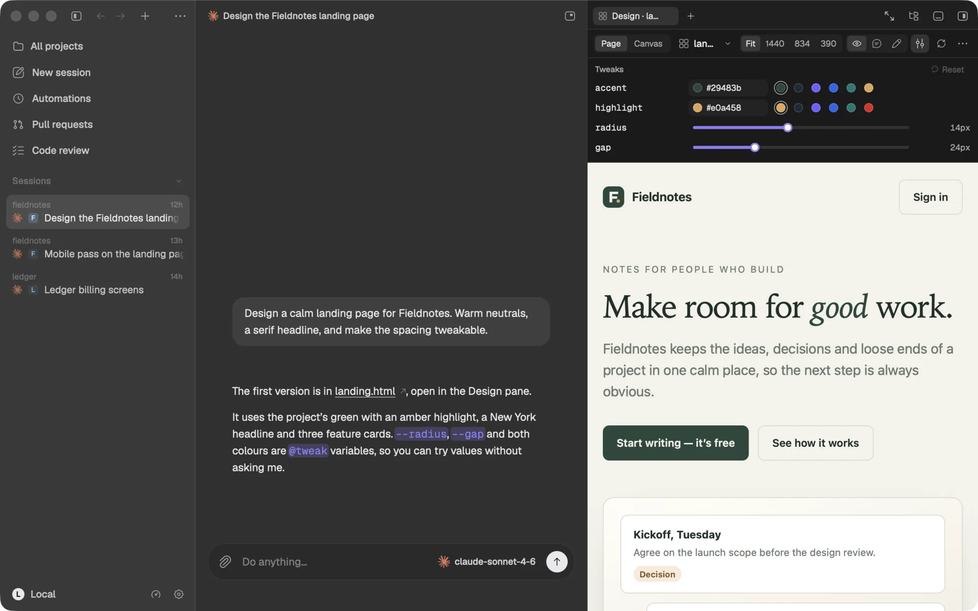The Halterio window: the sessions sidebar on the left, a transcript in the middle where an agent describes the design it just wrote, and the Design side pane on the right showing the rendered page with tweak sliders.