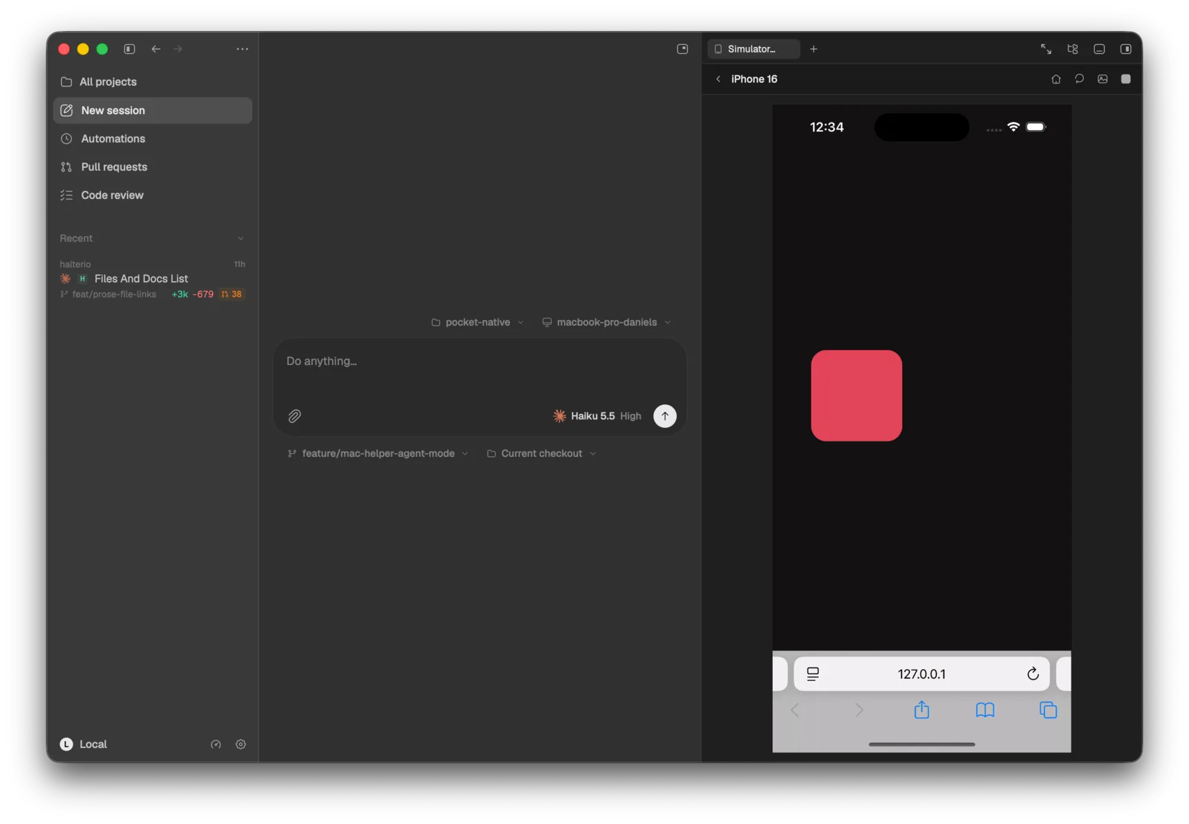 The Simulators side pane streaming a live iPhone 16 Simulator, with its home, rotate and screenshot controls, beside a new session in Halterio.
